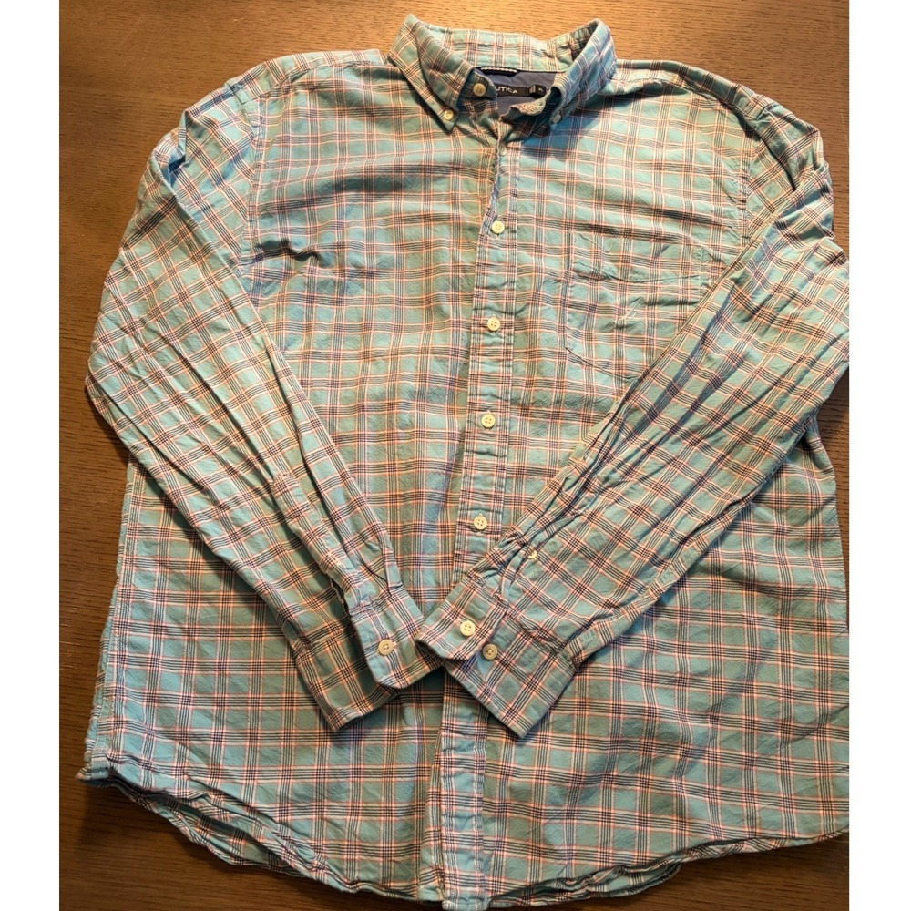 Mens Light Blue Plaid Long Sleeve Button Down Cotton Shirt XL